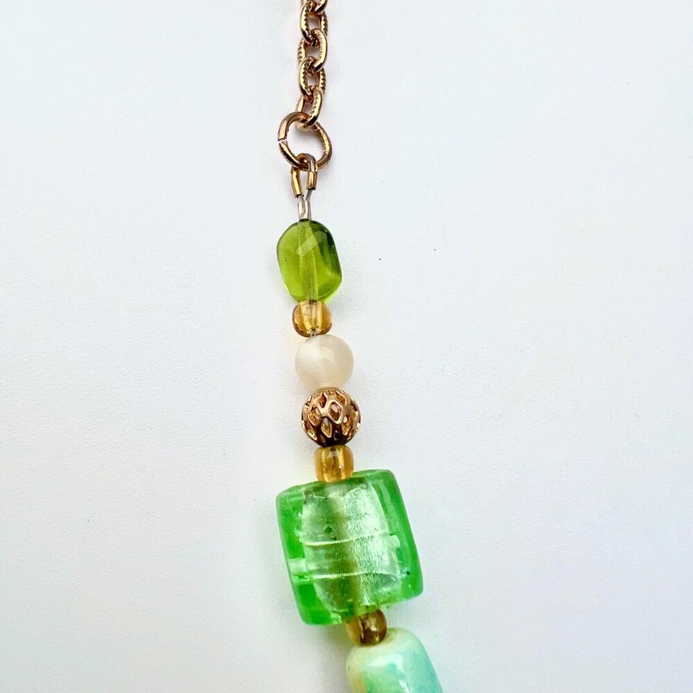 Art Glass Beaded Necklace Green Statement Pendant Toggle Clasp - Picture 8 of 10